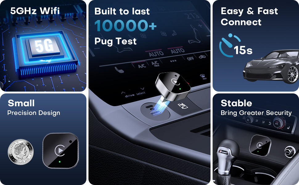 Wireless CarPlay & Android Auto Dongle, Fast Auto-Connect, Compact Plug & Play for iPhone/Android, USB/USB-C, No Delay