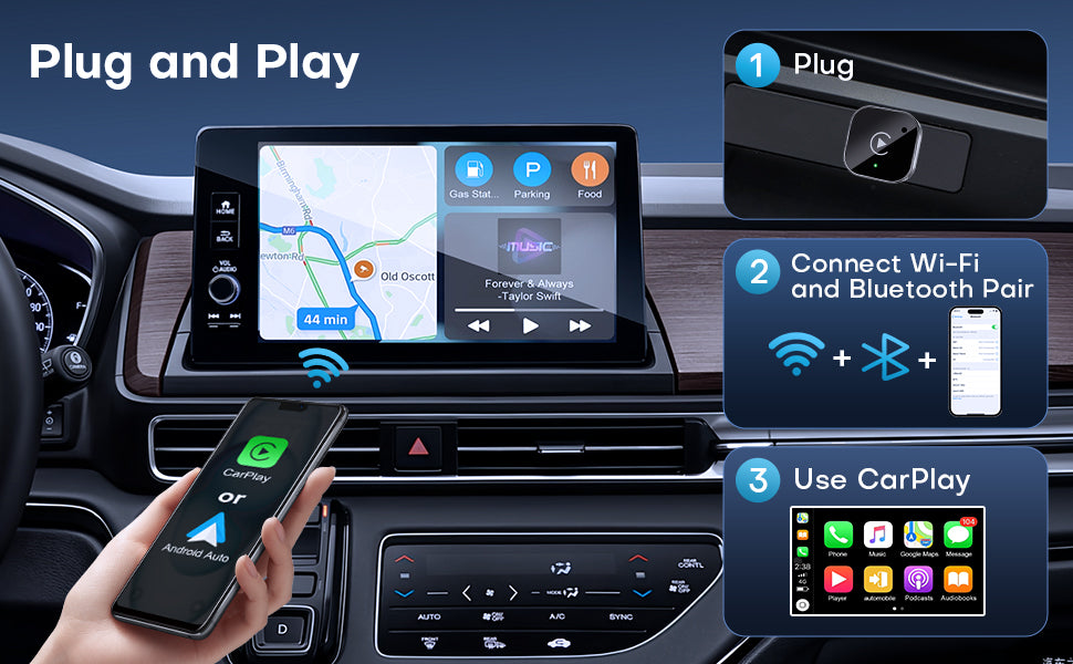 Wireless CarPlay & Android Auto Dongle, Fast Auto-Connect, Compact Plug & Play for iPhone/Android, USB/USB-C, No Delay